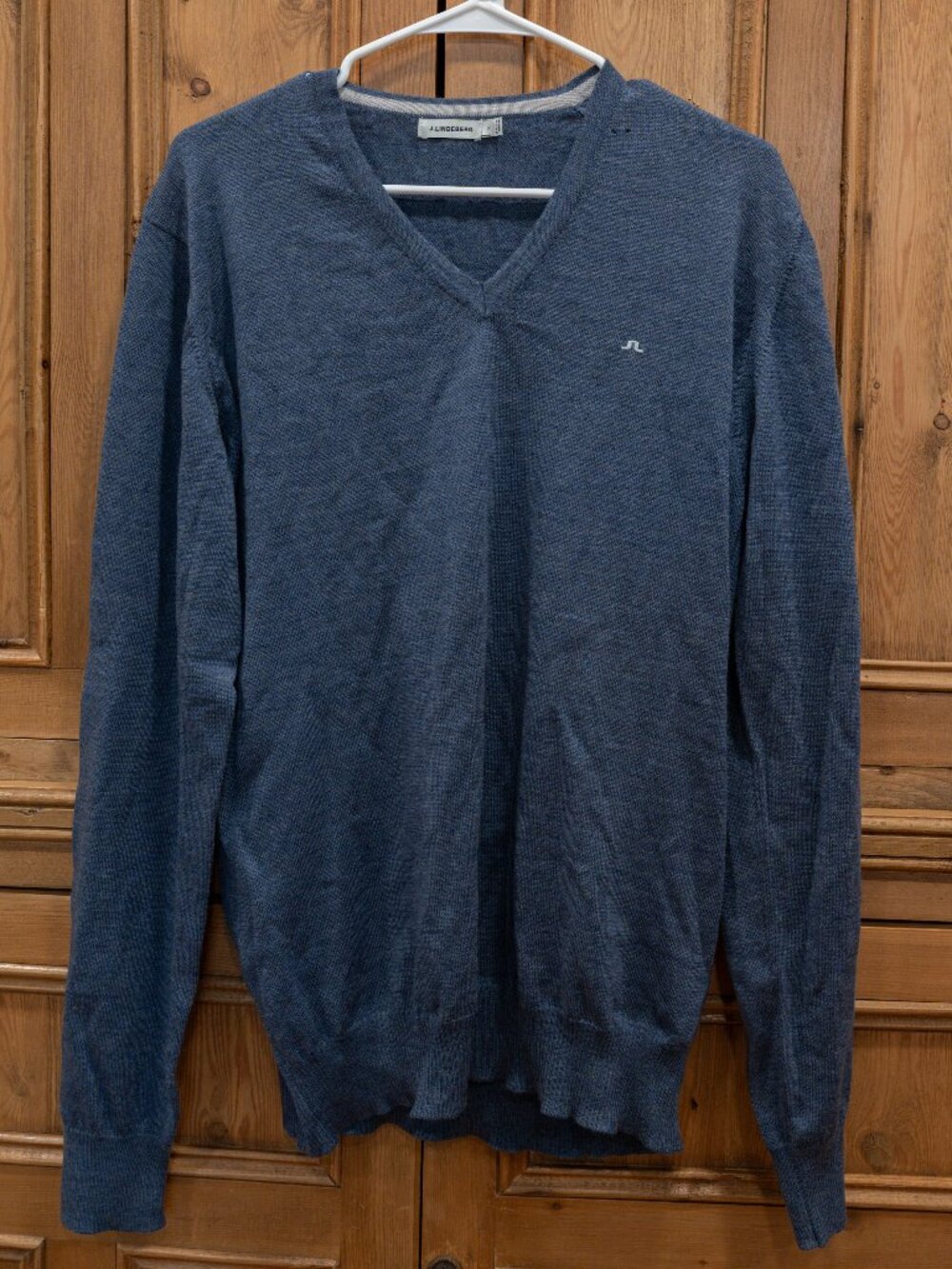 J. Lindeberg Lymann True Merino Wool Knit V-Neck Blue Pullover Sweater XL